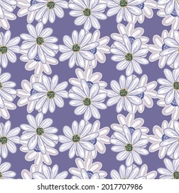 Bloom floral seamless pattern with random daisy flowers shapes. Purple pastel background. Simple style. Stock illustration. Vector design for textile, fabric, giftwrap, wallpapers.