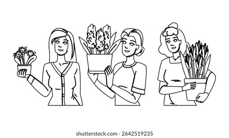 bloom flowers pot woman vector. vase petal, bouquet blossom, orchid lily bloom flowers pot woman character. people black line pencil drawing illustration