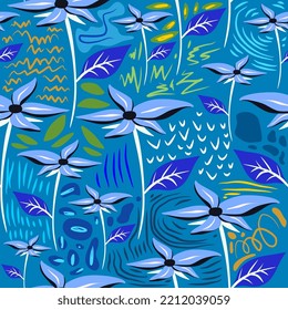 Bloom flowers seamless pattern on blue background.