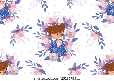 Chica de la floración, Ilustración vectorial, diseño inconsútil del modelo para los productos de los niños, telas, Fondo de pantalla, camisetas.