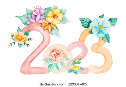 Bloom and greeting.Happy new year 2023. watercolor painting on white background.Vector illustration.
