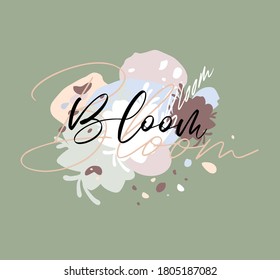 Grabado en flor.Logotipo de caligrafía moderna de primavera con flores abstractas .Colores pasteles. Blossom.T diseño de camisetas para mujer.Anuncios multicolores vectores y salpicaduras.Plantilla de tarjeta de visita.