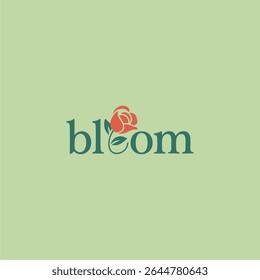 Bloom logo with rose and green leaf art
