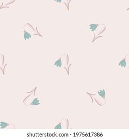 Bloom minimalistic seamless pattern with blue harebell ornament. Pastel light pink background. Simple style. Flat vector print for textile, fabric, giftwrap, wallpapers. Endless illustration.