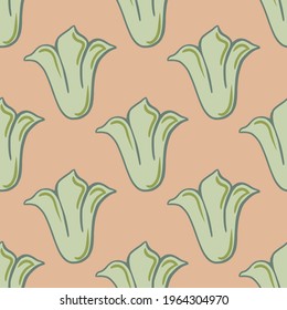 Bloom nature seamless pattern with abstract style simple green tulip buds flowers. Pink background. Flat vector print for textile, fabric, giftwrap, wallpapers. Endless illustration.