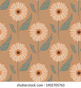 Bloom nature seamless pattern with cartoon ornamental sunflowers. Beige background. Creative design. Graphic design for wrapping paper and fabric textures. Vector Illustration.