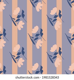 Bloom nature seamless pattern with simple flowers silhouettes ornament. Purple striped background. Vector illustration for seasonal textile prints, fabric, banners, backdrops and wallpapers.