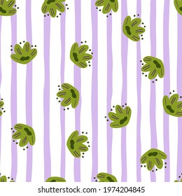 Bloom scrapbook seamless pattern with random green doodle flowers print. Purple and white striped background. Designed for fabric design, textile print, wrapping, cover. Vector illustration.