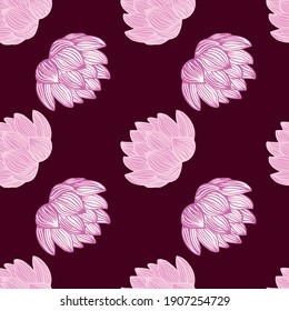 Patrón de flor sin fisuras de flor de loto rosa contorneado. Fondo marrón oscuro. Diseño sencillo. Fondo decorativo para el diseño de tejidos, impresión textil, envoltura, cubierta. Ilustración del vector