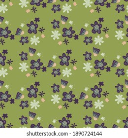 Blühendes, nahtloses Muster mit duftenden Blumen blauer Ornament auf hellgrünem Hintergrund. Stockillustration. Vektordesign für Textilien, Gewebe, Geschenkpapier, Wallpaper.