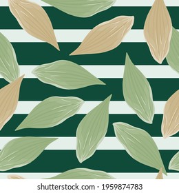 Bloom seamless pattern with green and pink colored leaves doodle ornament. Random print on green striped background. Stock illustration. Vector design for textile, fabric, giftwrap, wallpapers.