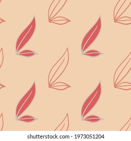 Bloom seamless pattern with hand drawn contoured leaf foliage print shapes. Pink palette background. Decorative backdrop for fabric design, textile print, wrapping, cover. Vector illustration.