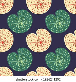 Bloom seamless pattern with japanese botanic water lily silhouettes. Navy blue background. Simple style. Designed for fabric design, textile print, wrapping, cover. Vector illustration