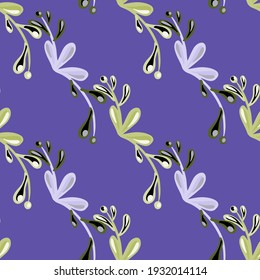 Sangre sin fisuras con formas de ramas florales naturales. El fondo azul pastel. Flores obras de arte decorativas. Diseñado para el diseño de tejidos, impresión textil, envoltura, cubierta. Ilustración vectorial.