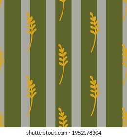 Bloom seamless pattern with orange branches doodle print. Green and grey striped background. Hand drawn style. Graphic design for wrapping paper and fabric textures. Vector Illustration.