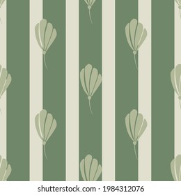 Bloom seamless pattern with pastel green abstract cosmea flowers shapes. Green and grey striped background. Stock illustration. Vector design for textile, fabric, giftwrap, wallpapers.