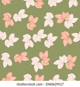 Bloom seamless pattern with pastel pink outline orchid flowers shapes. Green olive background. Graphic design for wrapping paper and fabric textures. Vector Illustration.