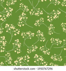 Bloom seamless pattern wirh random white gypsohila ornament. Flowers doodle print on green background. Stock illustration. Vector design for textile, fabric, giftwrap, wallpapers.