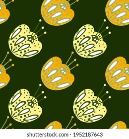 Bloom seamless pattern with yellow and orange folk flower elements ornament. Dark green background. Designed for fabric design, textile print, wrapping, cover. Vector illustration.
