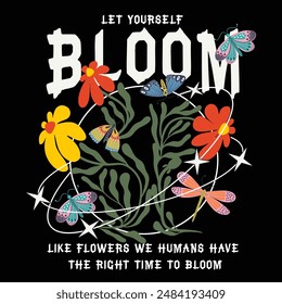 Bloom slogan with floral daisy illustration. Perfect for T-shirt graphic, posters and stickers.