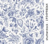 Bloom. Vintage floral seamless pattern. Spring flowers. Blue and white. Chinoiserie