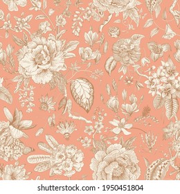 Bloom. Vintage floral seamless pattern. Spring flowers. Coral color