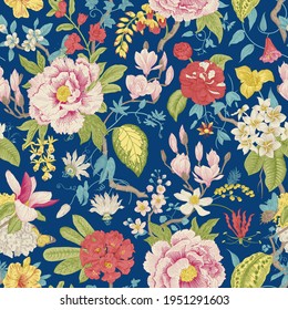 Bloom. Vintage floral seamless pattern. Spring flowers. Blue