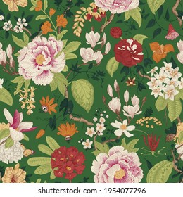 Bloom. Vintage floral seamless pattern. Spring flowers. Green