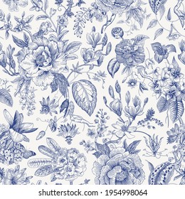 Bloom. Vintage floral seamless pattern. Spring flowers. Blue and white. Chinoiserie - Shutterstock ID 1954998064