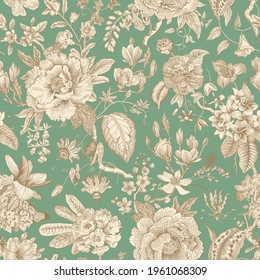 Bloom. Vintage floral seamless pattern. Spring flowers. Green and brown. 