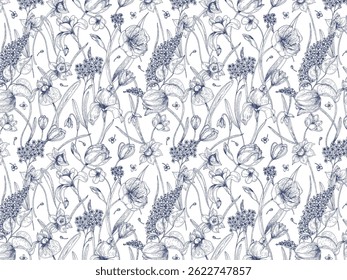 Bloom. Vintage floral seamless pattern. Spring flowers. Blue and white. Chinoiserie