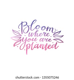 Bloom where you are planted - motivational, inspirational quote, hand-written text, lettering with watercolor texture, vector illustration isolated on white background
