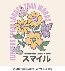 bloom where you are planted slogan with simple flowers , slogan vector  , Japanese text means "smile"