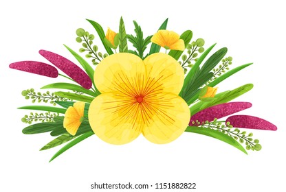 Bloom wild flowers bouquet. Nature decor card, poster and banner template with meadow flowers. Yellow and purple flower bouquet decoration for wedding, fesival and event. Botanical art.
