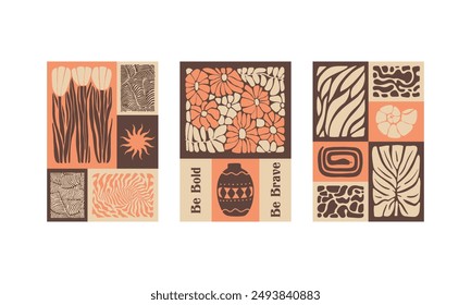 BloomBlocks, a set of abstract botanical wall art posters. Modern floral aesthetic vector illustrations in natural earthy colors.