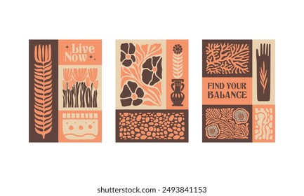 BloomBlocks, a set of abstract botanical wall art posters. Modern floral aesthetic vector illustrations in natural earthy colors.