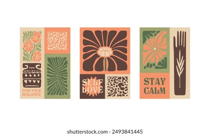 BloomBlocks, un conjunto de posters abstractos de arte botánico. Ilustraciones vectoriales estéticas florales modernas en colores naturales.