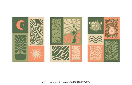 BloomBlocks, a set of abstract botanical wall art posters. Modern floral aesthetic vector illustrations in natural earthy colors.