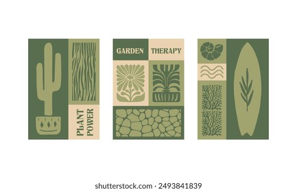 BloomBlocks, a set of abstract botanical wall art posters. Modern floral aesthetic vector illustrations in natural earthy colors.