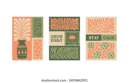 BloomBlocks, a set of abstract botanical wall art posters. Modern floral aesthetic vector illustrations in natural earthy colors.