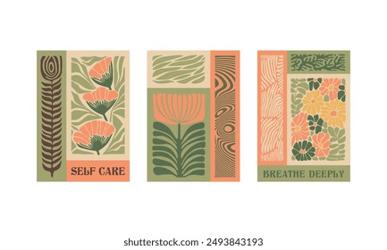 BloomBlocks, a set of abstract botanical wall art posters. Modern floral aesthetic vector illustrations in natural earthy colors.