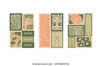 BloomBlocks, a set of abstract botanical wall art posters. Modern floral aesthetic vector illustrations in natural earthy colors.