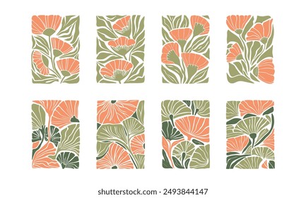 BloomBlocks, a set of abstract botanical wall art posters. Modern floral aesthetic vector illustrations in natural earthy colors.