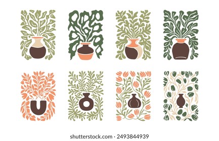 BloomBlocks, a set of abstract botanical wall art posters. Modern floral aesthetic vector illustrations in natural earthy colors.