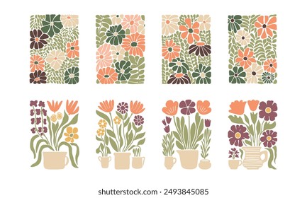 BloomBlocks, a set of abstract botanical wall art posters. Modern floral aesthetic vector illustrations in natural earthy colors.