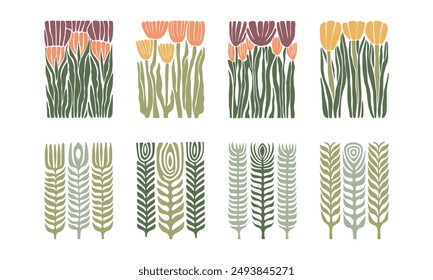 BloomBlocks, a set of abstract botanical wall art posters. Modern floral aesthetic vector illustrations in natural earthy colors.