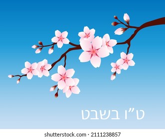 Blooming almond branch with Hebrew text translated as " Tu BiShvat". Vector Clip for Jewish holiday Tu BiShvat, ( 'New Year of the Trees'). All parts are editable