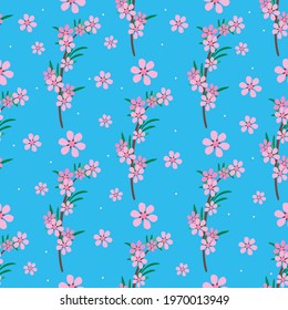 Blooming almonds on a blue background.For textiles, fabrics, backgrounds, packaging paper, wallpaper.