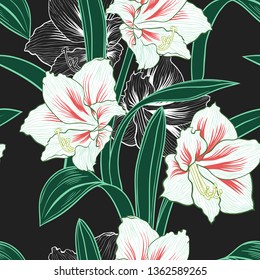 Blooming Amaryllis. Vector hand drawn floral seamless pattern. Illustration of tropical flowers. 