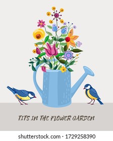 Blooming arrangement with fancy flowers and two blue tits. Vintage floral bouquet at blue watering can and cute birds. Vector illustration.